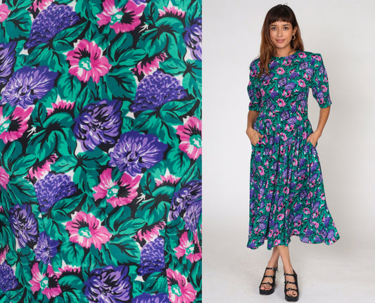 80s Floral Midi Dress Puff Sleeve Basque Waist Pink Purple Green Small