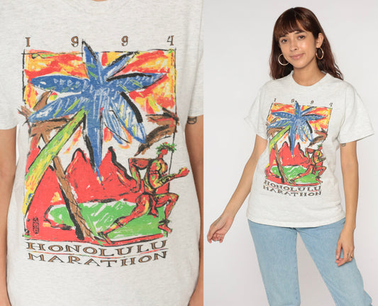 1994 Honolulu Marathon Graphic Tee 90s Hawaii Running T-Shirt Heather Grey Small