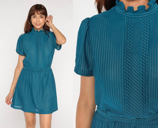 70s Teal Pinstripe Mini Dress Puff Sleeve High Waisted Belt Ruffle Neckline Medium