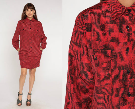 80s Red Black Checkered Mini Shirtdress Button Up Collar Long Sleeve Medium