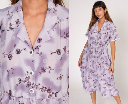 80s Purple Floral Midi Shirtdress High Waist Button Front Short Sleeve Medium Large