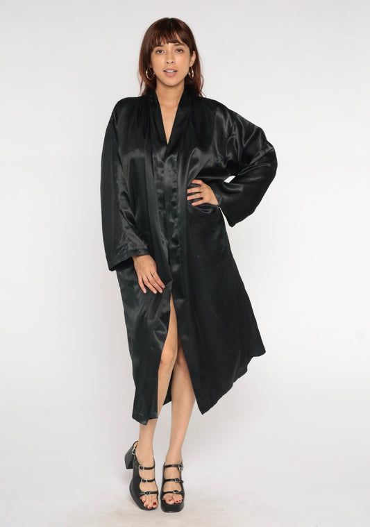 90s Black Satin Kimono Robe Floral Embroidered Open Front Maxi Medium