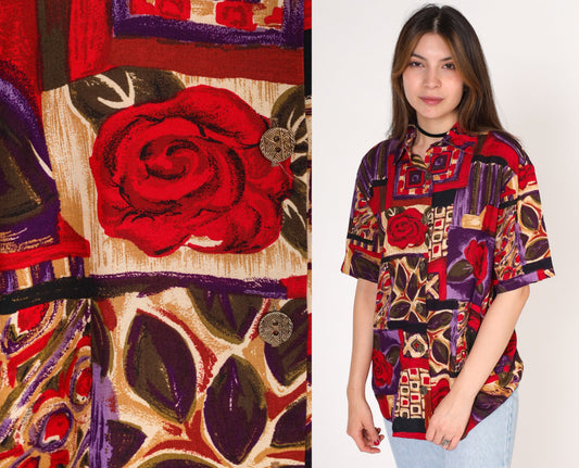 90s Jessica Scott Floral Button-Up Blouse Short Sleeve Rose Print Red Purple Medium