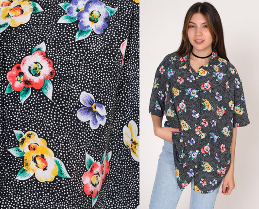 90s The Villager Polka Dot Floral Button-Up Blouse Black Short Sleeve Small