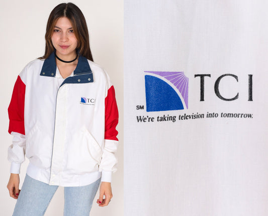 80s TCI Cable Television Windbreaker Jacket White Red Blue Medium