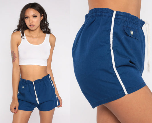80s Blue Cotton Running Shorts High Rise Drawstring Waist Medium
