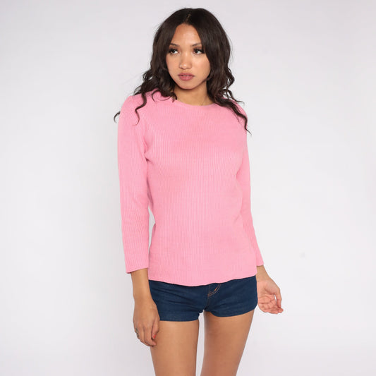 70s Pink Knit Crewneck Pullover Sweater Medium M