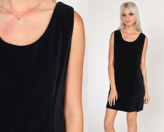 90s Black Velvet Mini Dress Scoop Neck Sleeveless Sheath Medium