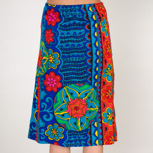 70s Floral Midi Skirt High Waist Blue Orange Striped Plus Size XL