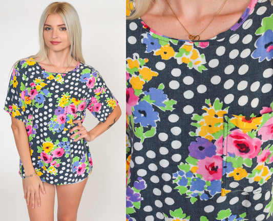 90s Polka Dot Floral Blouse Black Faded Print Short Sleeve Top Small