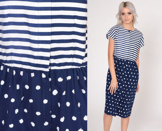 80s California Girl Petites Day Dress Blue White Striped Polka Dot Knee Length Small