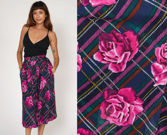 80s Plaid Floral Midi Skirt Purple Blue High Waist Pockets Small