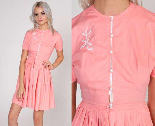 1960s Pink Mini Dress White Embroidery Button-Up High Waist XXS