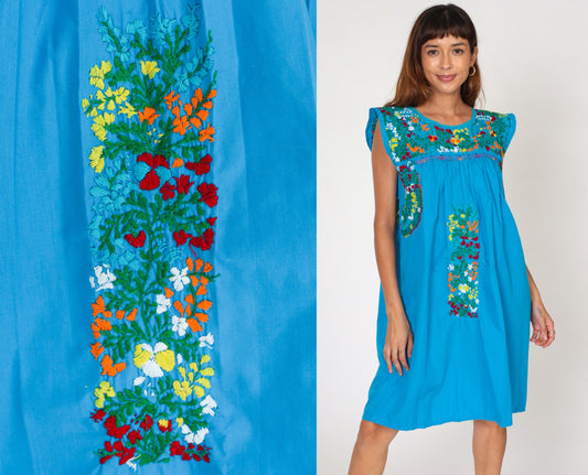 70s Mexican Oaxacan Embroidered Cotton Dress Turquoise Cap Sleeve Small Medium