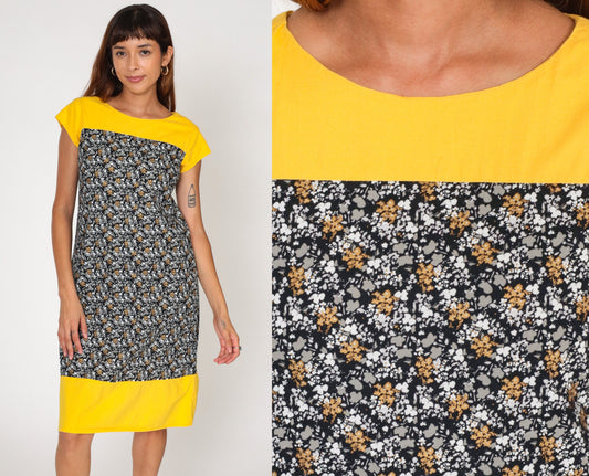 1960s Mod Floral Mini Dress Yellow Black Cap Sleeve Shift Extra Small