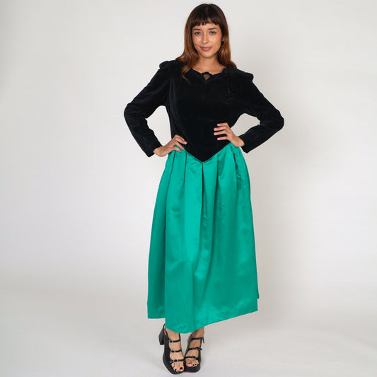 80s Susan Bristol Velvet Maxi Dress Black Green Basque Waist Long Sleeve Medium