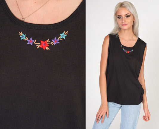 90s Black Floral Embroidered Tank Top Scoop Neck Sleeveless Medium