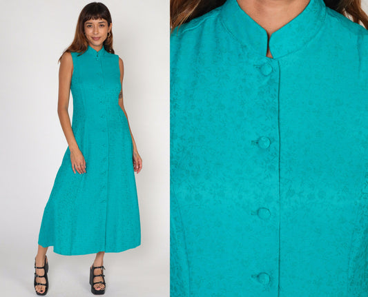 90s Coldwater Creek Teal Floral Embossed Maxi Dress Sleeveless Button-Up Small