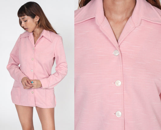 70s Pink Dagger Collar Button-Up Blouse Long Sleeve Disco Shirt Medium