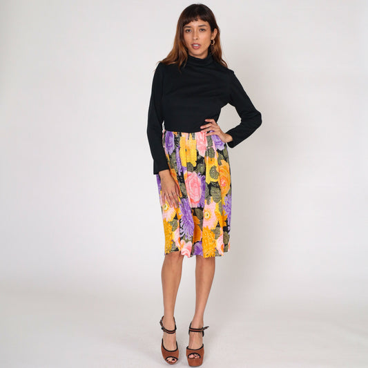 70s Metallic Floral Midi Dress Black Turtleneck Long Sleeve High Waisted Medium