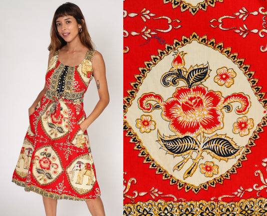 Y2K Red Batik Floral Elephant Midi Wrap Dress Cotton Sleeveless Pockets Medium Large