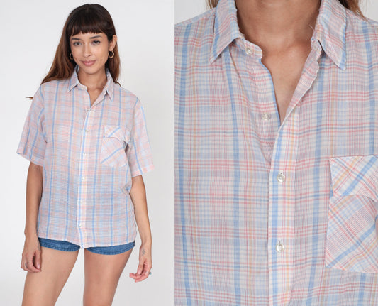 80s Plaid Button-Up Shirt Pink White Blue Checkered Short Sleeve Men's Medium