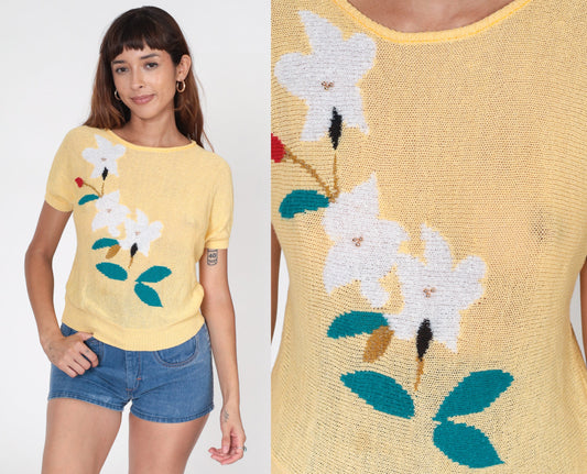 80s Beaded Floral Yellow Knit Top Short Sleeve Slouchy Blouse Extra Small XS