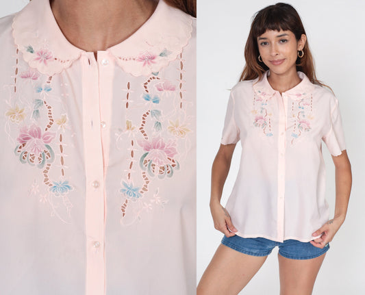 80s Baby Pink Embroidered Floral Blouse Peter Pan Collar Cutout Small