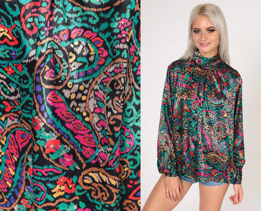 80s Paisley Floral Blouse Black Satin Mock Neck Long Sleeve Small S