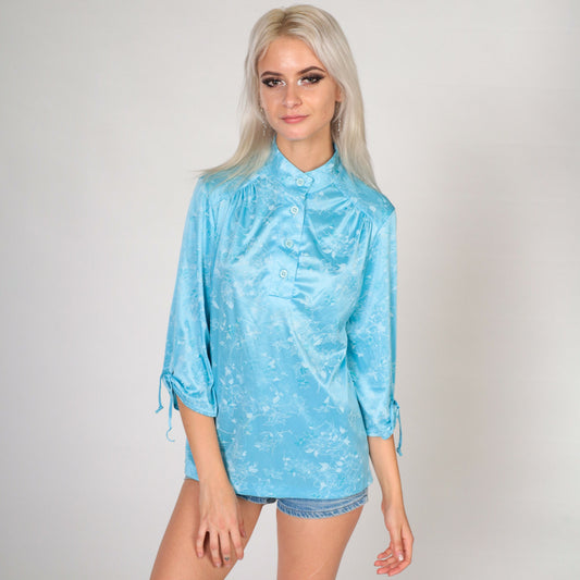 70s Blue Floral Embossed Blouse Mandarin Collar 3/4 Sleeve Button-Up Small