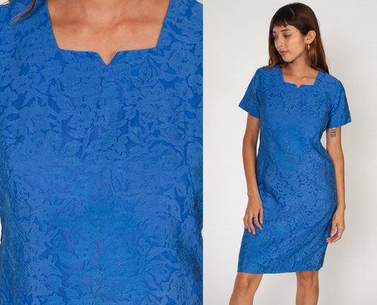 60s Blue Embossed Floral Shift Mini Dress Short Sleeve Small