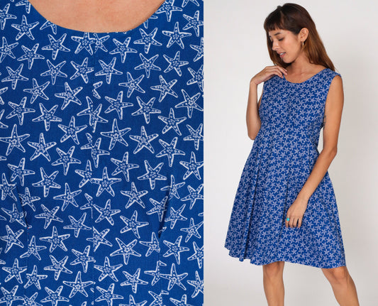 80s Starfish Print Sundress Blue Sleeveless Fit Flare Medium