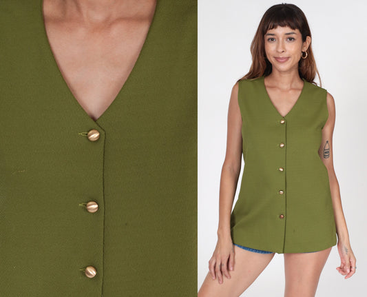 70s Olive Green Tank Top V Neck Button Up Sleeveless Blouse Small Medium