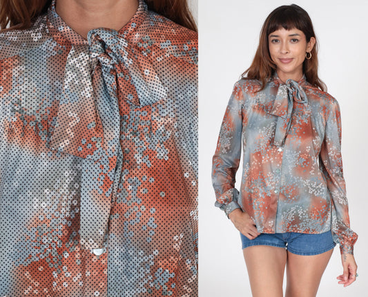 70s Ascot Bow Blouse Polka Dot Abstract Print Burnt Orange Blue Medium