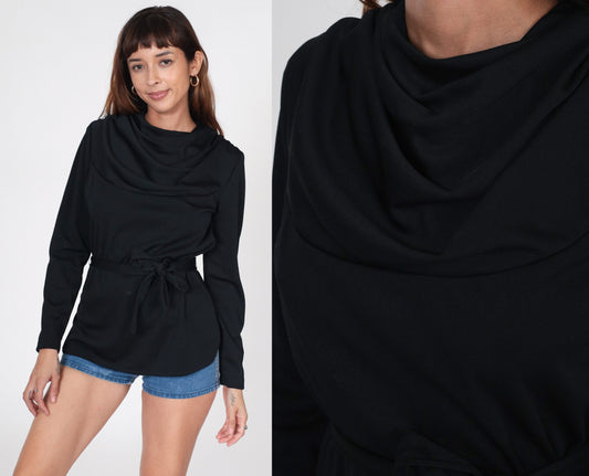 70s Black Cowl Neck Blouse Long Sleeve Belted Polyester Top Small