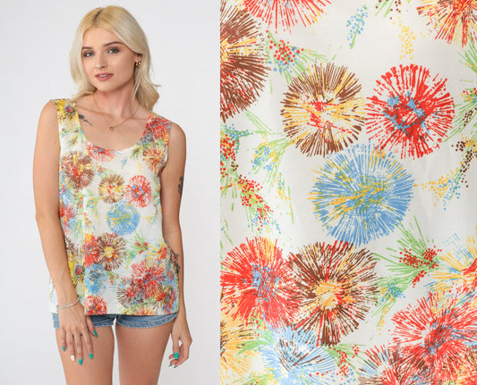 70s Starburst Floral Tank Top Psychedelic Print White Large L