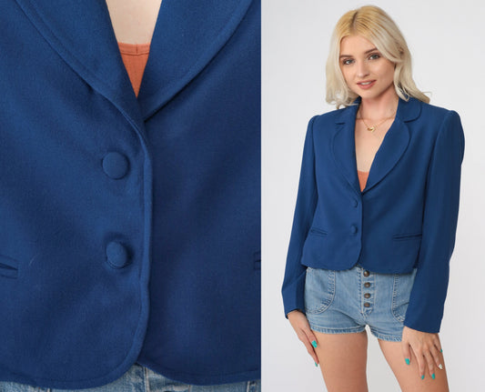 80s Navy Wool Blazer Cropped V-Neck Jacket Small S