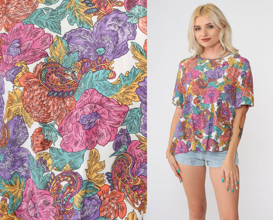 90s Paisley Floral Rayon Blouse Short Sleeve Pink Purple White Small