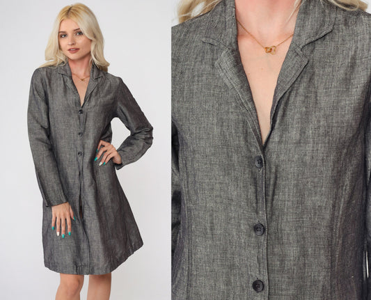 80s Grey Flecked Shirtdress Mini Collared Button-Up Cotton Linen Small