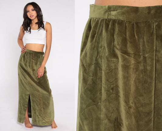 80s Green Velvet Maxi Skirt High Waist Front Slit Small