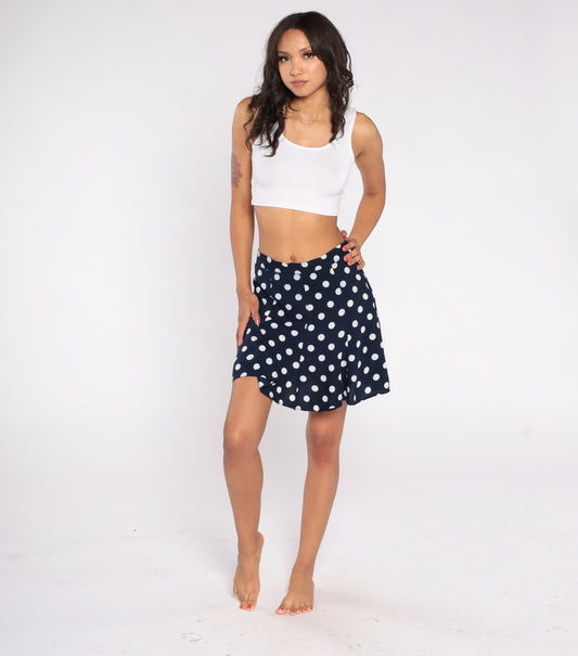 90s Navy Polka Dot Mini Skirt High Waist Pleated Small S