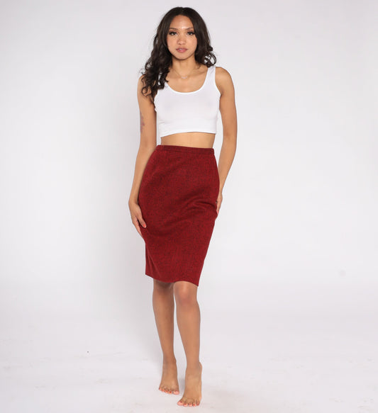 80s Guy LaRoche Wool Cashmere Mini Pencil Skirt Red Black High Waist Small