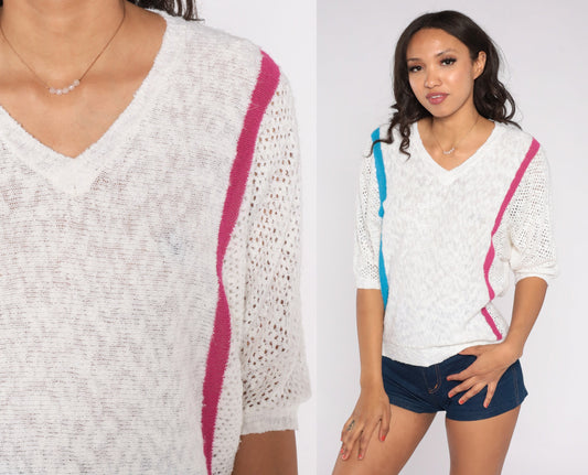 80s White Striped Knit Sweater Top Pink Blue V-Neck Short Sleeve Medium Large