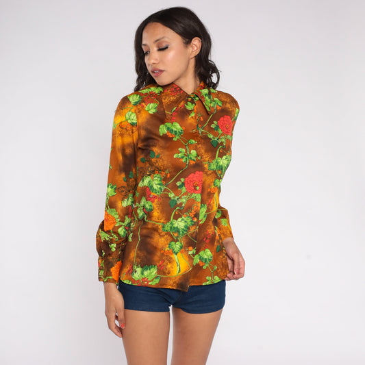 70s Floral Disco Shirt Brown Yellow Cloud Dye Button Up Pointed Collar Medium