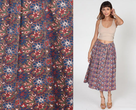90s Gitano Tropical Floral Pleated Midi Skirt High Waist Button Front Small