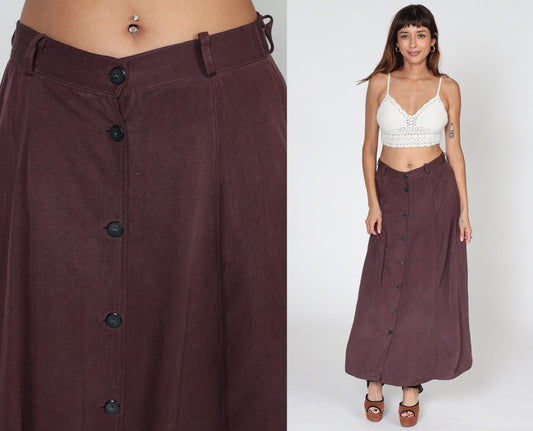 90s Dark Burgundy Silk Maxi Skirt Button-Up Front Small S