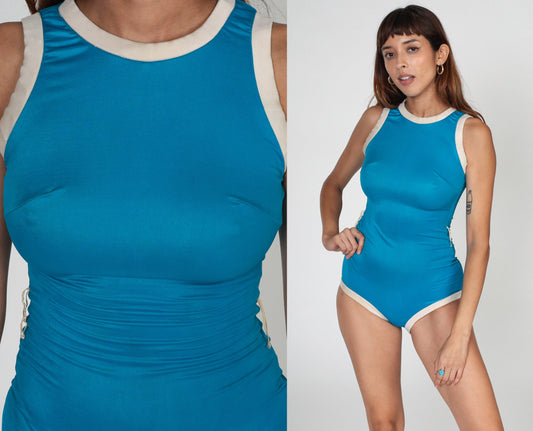 80s Blue Ringer One-Piece Swimsuit Cutout Open Back Small S