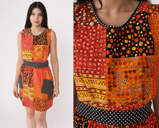 70s Patchwork Floral Apron Dress Orange Mini Sleeveless High Waist Small