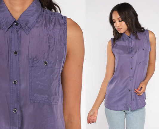 90s Jonathan Martin Purple Silk Sleeveless Button-Up Blouse Medium
