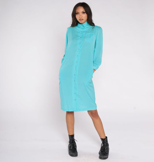 80s Spiegel Puff Sleeve Midi Shirtdress Turquoise Button-Up Medium 8